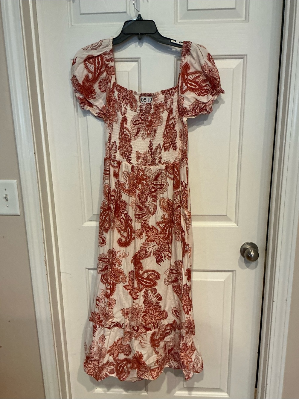 Smocked Square-Neck Midi Dress in White and Rust Floral